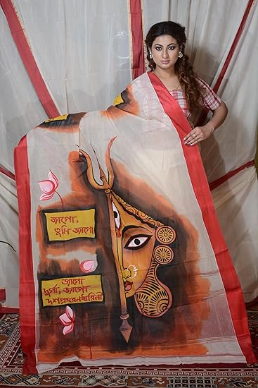 Hand-Painted Bengali Traditional Durga Motif Cotton Saree